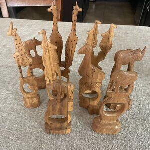 Set of 9 Hand Carved Wooden Safari Animal Napkin Rings African!